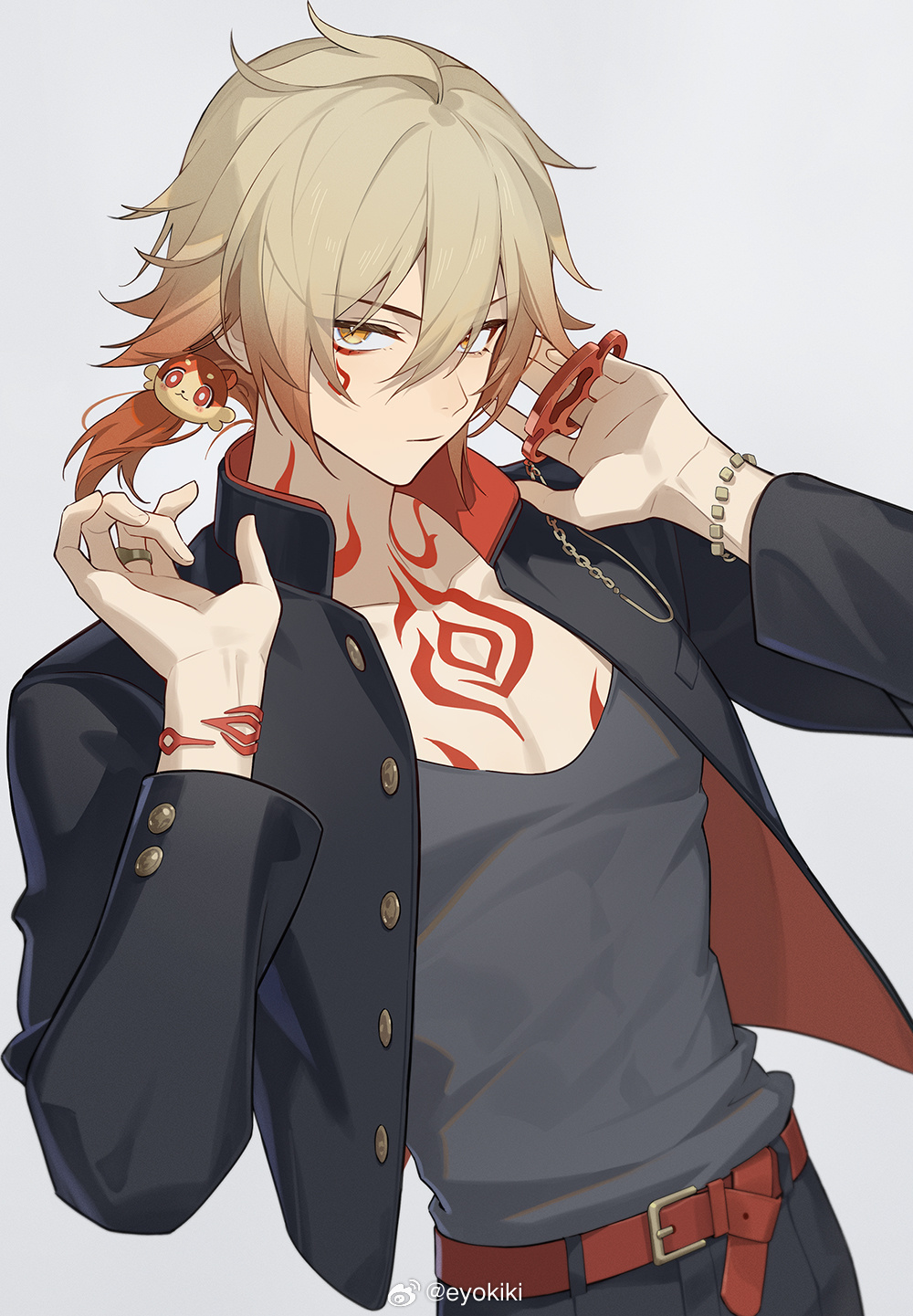 eyokiki, mydei (honkai: star rail), honkai: star rail, honkai (series), chinese commentary, commentary request, highres, 1boy, belt, black jacket, black pants, black shirt, blonde hair, braid, chest tattoo, facial tattoo, gradient hair, hair between eyes, jacket, looking at viewer, male focus, medium hair, multicolored hair, open clothes, open jacket, pants, red belt, red hair, red tattoo, shirt, side braid, simple background, solo, tattoo, watermark, weibo watermark, white background, yellow eyes