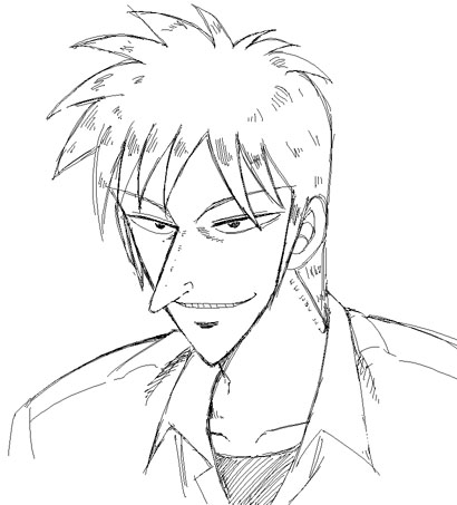 satou atsuki, akagi shigeru, akagi, akagi: yami ni oritatta tensai, fukumoto mahjong, lowres, 1boy, collarbone, greyscale, grin, male focus, monochrome, shirt, short hair, simple background, smile, solo, upper body