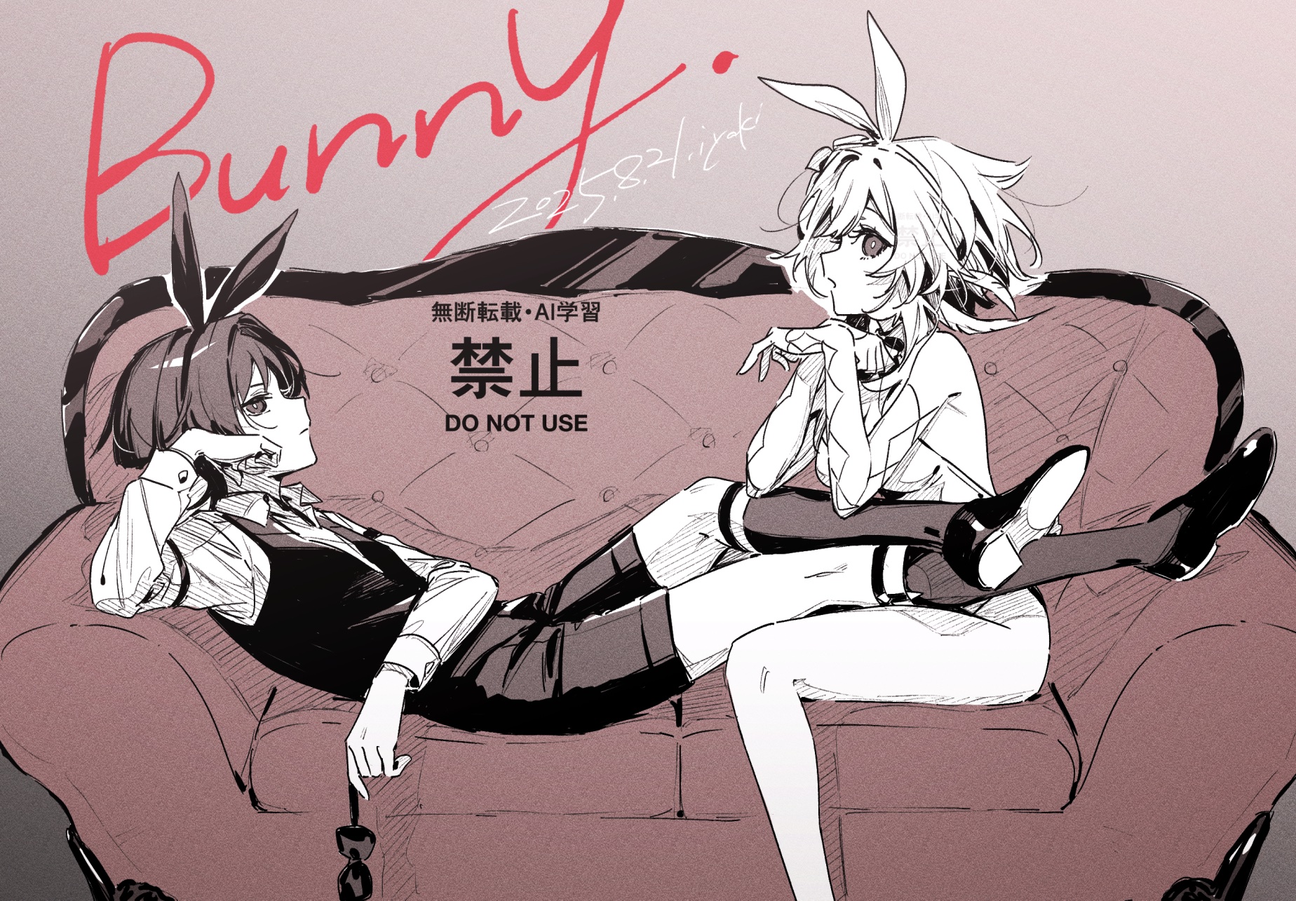 hoht yeah, lumine (genshin impact), scaramouche (genshin impact), genshin impact, highres, 1boy, 1girl, alternate costume, animal ears, arm cutout, armpit crease, blunt ends, bow, bowtie, breasts, bunny day, clenched hand, closed mouth, clothing cutout, collared shirt, couch, dated, detached sleeves, elbow rest, english text, eyelashes, fake animal ears, feather hair ornament, feathers, garter belt, hair ornament, hands up, highleg, highleg leotard, kneehighs, leotard, long sleeves, looking at viewer, male playboy bunny, medium breasts, monochrome, on couch, open mouth, playboy bunny, rabbit ears, red background, shirt, shoes, short hair, short hair with long locks, shorts, sidelocks, sitting, socks, strapless, tareme, tsurime, unworn bowtie, vest, watermark