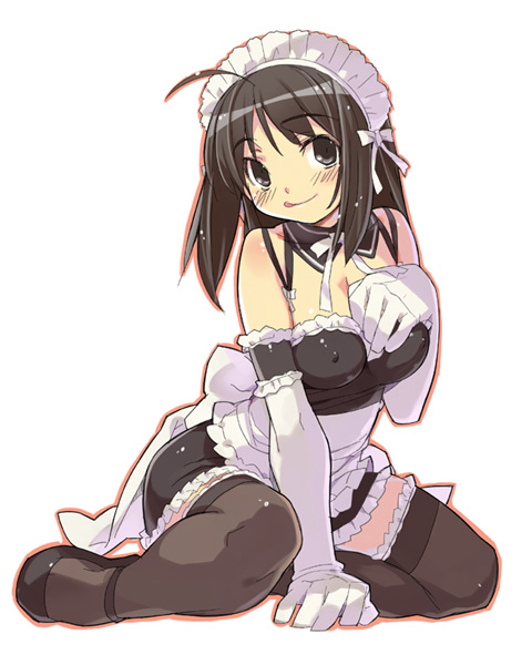 kizaki, volvox, kurauchi anna, kore ga watashi no goshujin-sama, 00s, 1girl, :d, ahoge, apron, arm garter, arm support, bare shoulders, between breasts, black eyes, black hair, blush, breasts, covered erect nipples, detached collar, elbow gloves, facing viewer, female focus, frilled thighhighs, frills, full body, gloves, kneeling, large breasts, looking at viewer, maid, maid headdress, mary janes, nakabayashi yoshitaka's maid uniform, open mouth, orange outline, outline, shoes, short hair, simple background, sitting, smile, solo, thighhighs, tongue, wariza, white apron, white background, white gloves, zettai ryouiki
