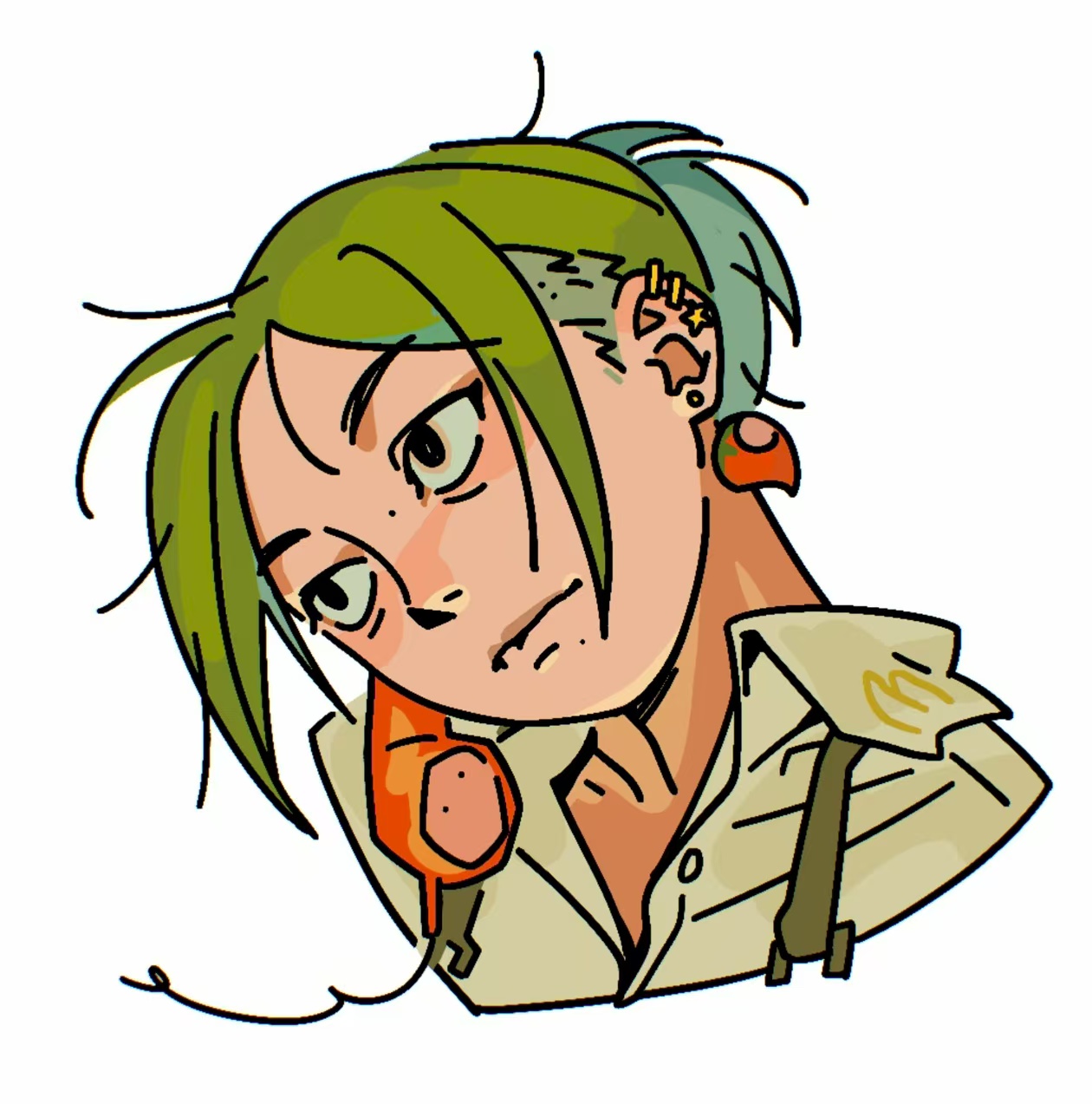 original, highres, anime coloring, black eyes, character profile, closed mouth, earrings, green hair, jewelry, lineart, male focus, phone, shirt, stud earrings, white shirt