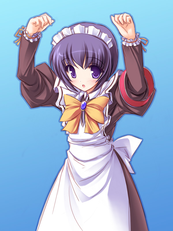 tenmaso, mia clementis, tales of (series), tales of the abyss, yoake mae yori ruri iro na, 00s, apron, arms up, blue eyes, blue hair, bow, brooch, jewelry, maid, maid apron, maid headdress, short hair, solo