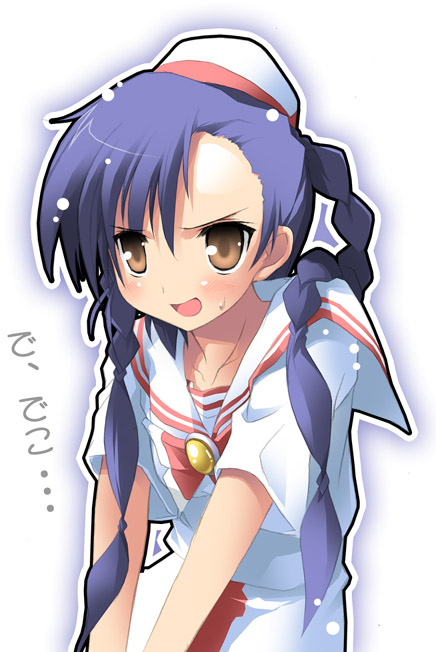 kantoku, aika granzchesta, aria (manga), uniform, translated, 00s, braid, brown eyes, forehead, long hair, purple hair, solo, sweatdrop, twin braids