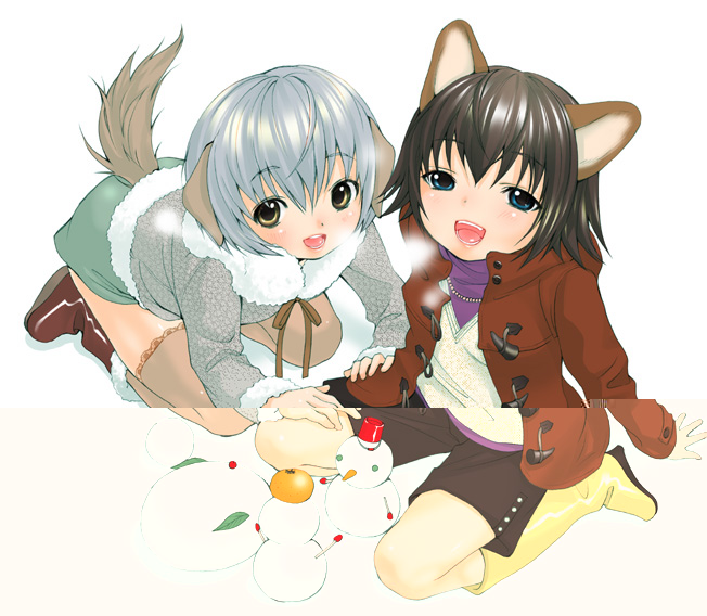 inuburo, original, fur, silver hair, 2girls, animal ears, blue eyes, blush, boots, breath, coat, dog ears, dog tail, from above, kneeling, looking at viewer, looking up, multiple girls, seam, short hair, shorts, smile, snow rabbit, snowman, tail, thighhighs, turtleneck, vest, yellow eyes, zettai ryouiki