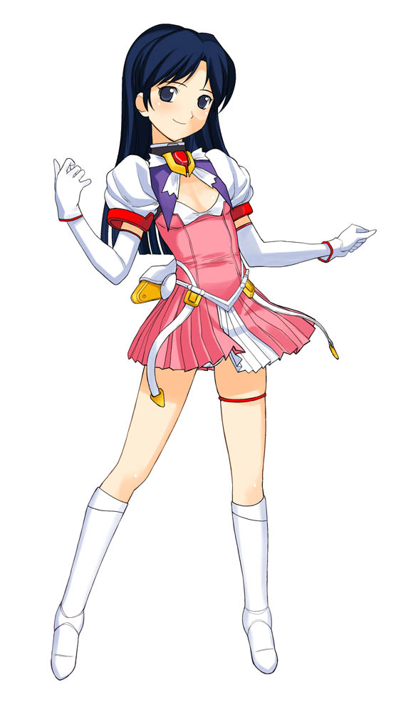 a1 (initial-g), escalayer, kisaragi chihaya, choukou (alicesoft), choukou tenshi escalayer, idolmaster, idolmaster (classic), idolmaster 1, 1girl, boots, cosplay, dress, elbow gloves, escalayer (cosplay), female focus, full body, gloves, knee boots, legs, legs apart, looking at viewer, panties, pantyshot, short dress, simple background, smile, solo, standing, underwear, white background, white boots, white gloves, white panties