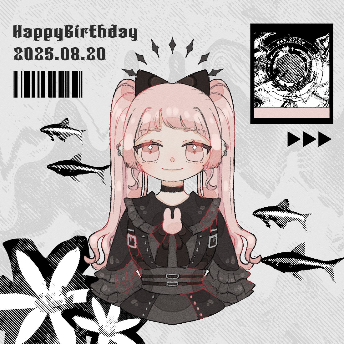 aster0014, original, commentary request, 1girl, artist logo, barcode, belt, black bow, black choker, black dress, blunt bangs, bow, buckle, chest bow, choker, closed mouth, cropped torso, dated, dress, earrings, english text, fish, flower, frilled sleeves, frills, grey background, hair bow, halo, hatching (texture), jewelry, logo, long hair, long sleeves, looking at viewer, multiple piercings, pink eyes, pink hair, rabbit cutout, sidelocks, smile, solo, sparkling eyes, twintails, upper body