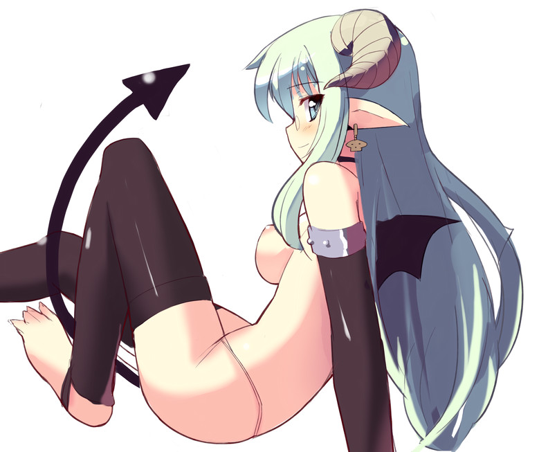 sikorsky, original, 1girl, black thighhighs, breasts, demon girl, earrings, elbow gloves, female focus, glasses, gloves, horns, jewelry, long hair, nipples, pince-nez, pointy ears, simple background, solo, stirrup legwear, tail, thighhighs, toeless legwear, topless female, white background, wings