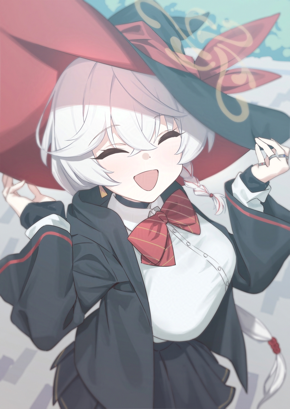 eri (blue archive), blue archive, :d, bow, bowtie, braid, closed eyes, earrings, halo, hat, jacket, jewelry, long coat, long hair, open mouth, orange eyes, panties, ring, shirt, skirt, sleeves past wrists, smile, sweater, underwear, white hair, witch hat