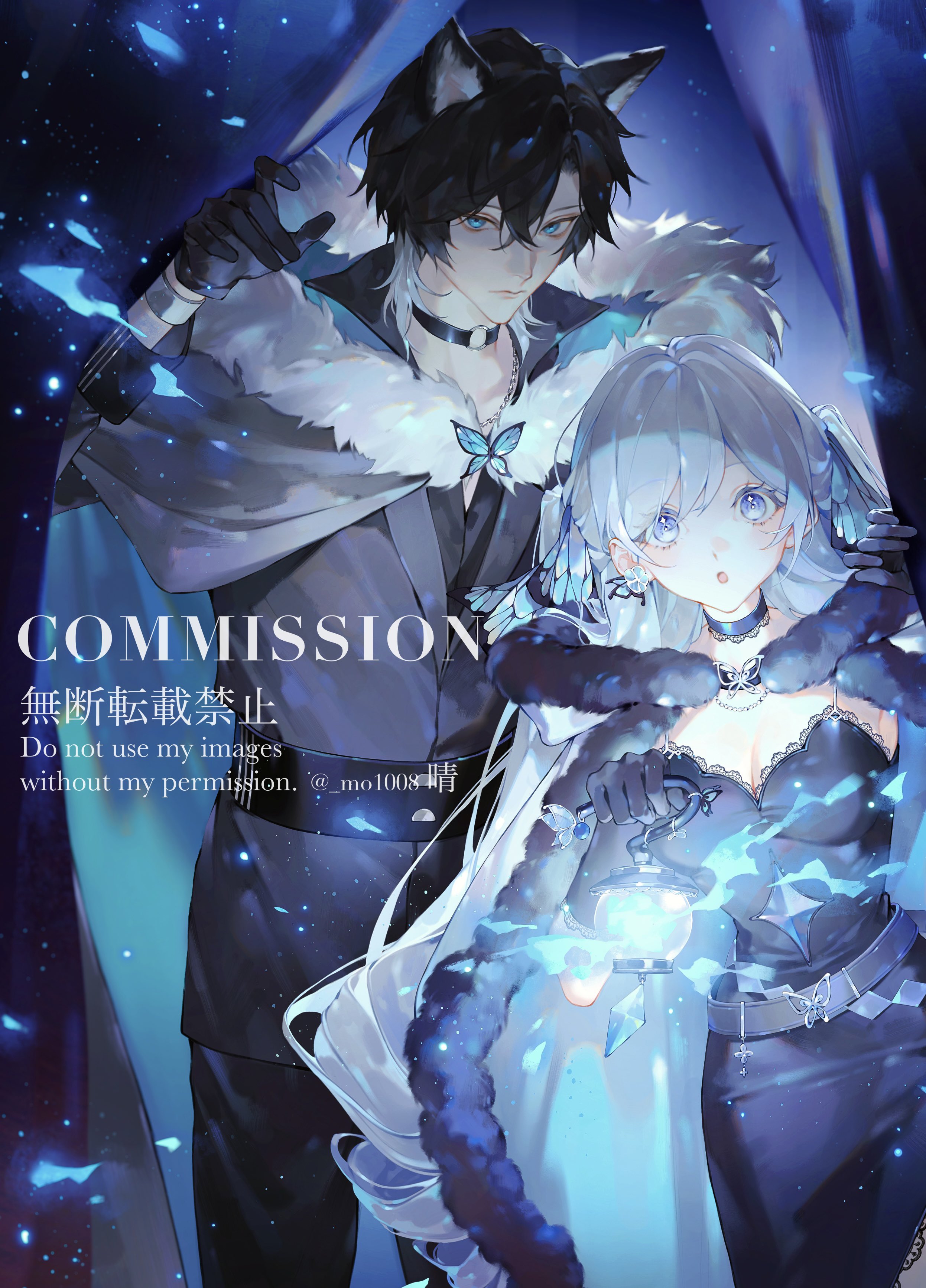 sei ( mo1008), original, absurdres, commission, highres, 1boy, 1girl, animal ears, artist name, black choker, black dress, black gloves, black hair, black shirt, blue butterfly, blue eyes, breasts, bug, butterfly, butterfly earrings, butterfly ornament, choker, cleavage, cloak, dress, earrings, fur-trimmed cloak, fur trim, gloves, grey jacket, holding, holding lantern, insect, jacket, jewelry, lantern, long hair, looking at viewer, medium breasts, o-ring, o-ring choker, open mouth, shirt, short hair, single earring, twitter username, very long hair, watermark, white cloak, white hair