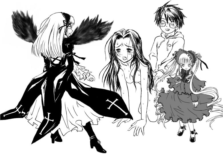 kakizaki megu, sakurada jun, shinku, suigintou, rozen maiden, 00s, 1boy, 3girls, all fours, breasts, clothed male nude female, clothed sex, cross, greyscale, hetero, hood, hoodie, latin cross, medium breasts, monochrome, multiple girls, nipples, nude, rape, sex, sweat, vaginal