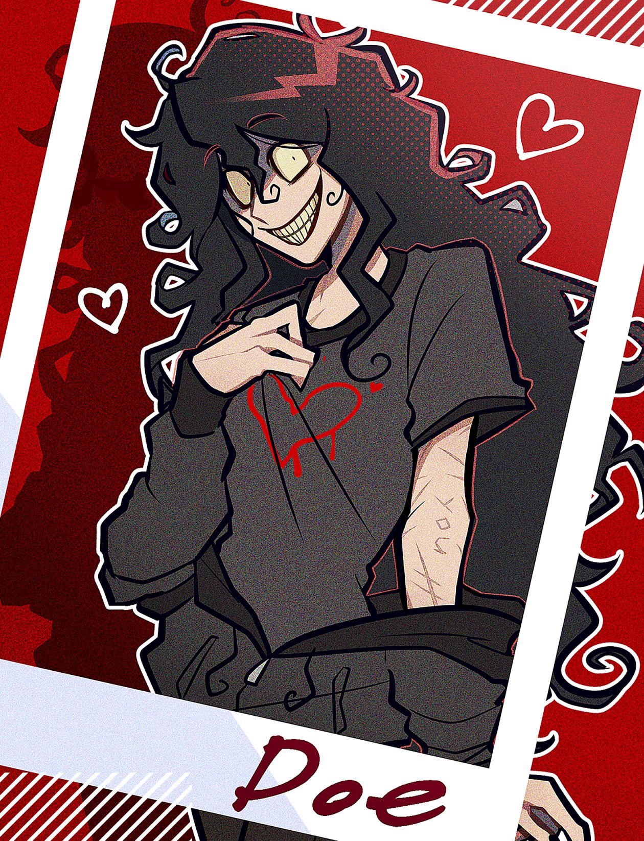 kana (kanaice), john doe (visual novel) (character), john doe (visual novel), hashtag-only commentary, highres, 1boy, black hair, black jacket, black shirt, character name, constricted pupils, cowboy shot, crazy grin, curly hair, drop shadow, english text, halftone, hand on own chest, head tilt, heart, heart print, jacket, jacket partially removed, long hair, looking at viewer, male focus, outline, photo (object), scar, scar on arm, self-harm scar, shirt, solo, very long hair, white outline, wrist cutting