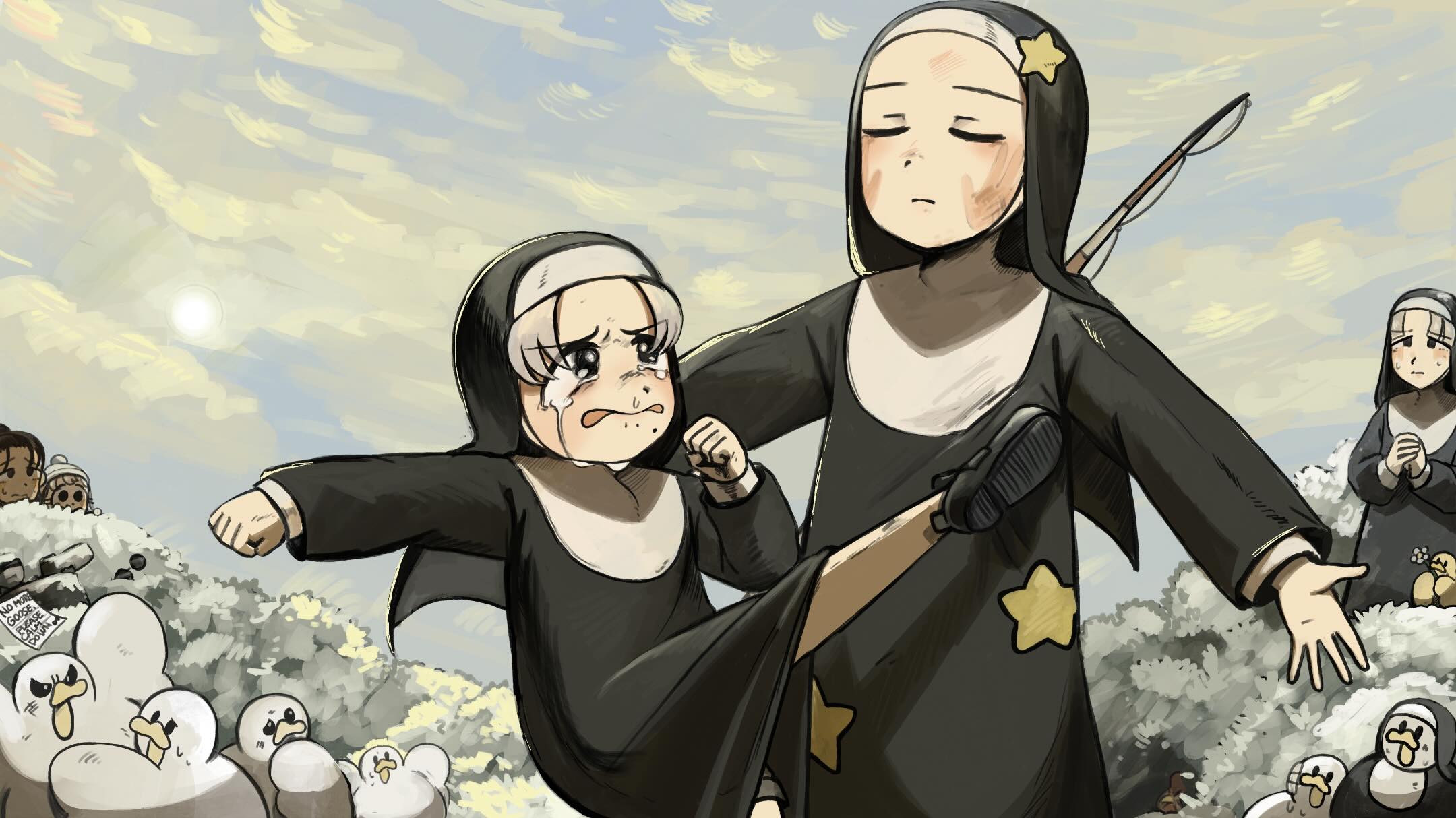 diva (hyxpk), bunny nun (diva), father (diva), parted grey nun (diva), smug nun (diva), star nun (diva), little nuns (diva), commentary, english commentary, highres, 1boy, 5girls, aged down, baby animal, bird, black eyes, black hair, black shoes, bush, chicken, closed eyes, crying, crying with eyes open, duck, duckling, fishing rod, flower, grey hair, kicking, mole, mole under mouth, multiple girls, note, nun, round eyewear, shoes, slap mark, slap mark on face, star (symbol), star ornament, star print, sunglasses, tears, traditional nun, unworn eyewear