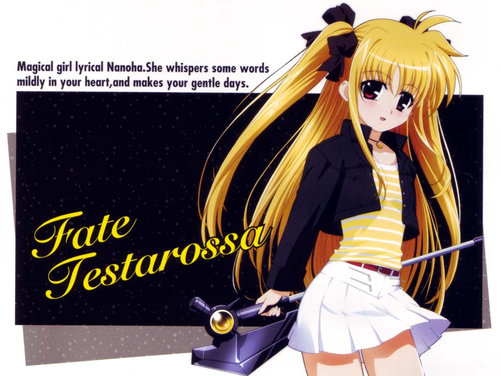 okuda yasuhiro, bardiche (device form) (nanoha), bardiche (nanoha), fate testarossa, lyrical nanoha, mahou shoujo lyrical nanoha, 00s, 1girl, blonde hair, blouse, casual, female focus, jewelry, necklace, shirt, skirt, solo, standing, striped clothes, striped shirt, yellow shirt