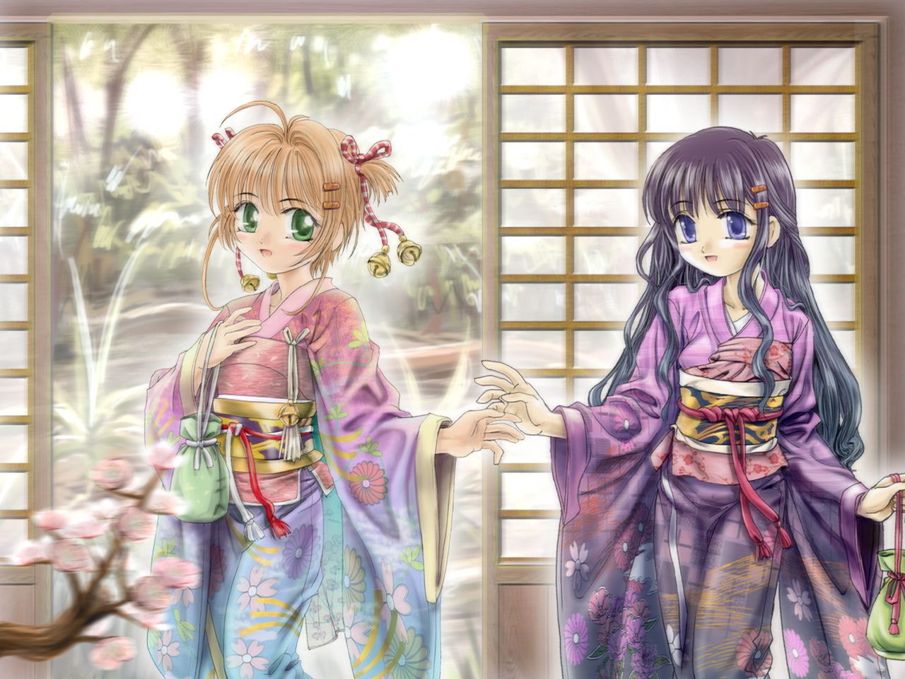 mutsuki (moonknives), daidouji tomoyo, kinomoto sakura, cardcaptor sakura, kodansha, 1990s (style), 2girls, ahoge, alternate costume, bell, black hair, blue eyes, blush, brown hair, cherry blossoms, flat chest, floral print, furisode, green eyes, hair ornament, hairclip, hand on own chest, japanese clothes, jingle bell, kimono, long hair, looking at another, multiple girls, obi, retro artstyle, sash, short hair, sliding doors, smile, tree, very long hair, wavy hair