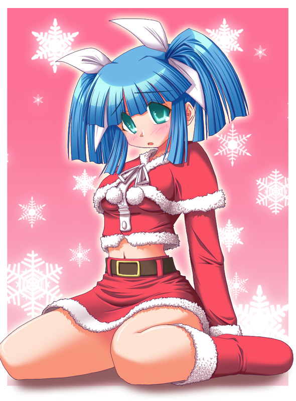 suzuki sayaka, pani poni dash!, santa boots, 00s, 1girl, :o, aqua eyes, belt, blue hair, blush, boots, capelet, christmas, female focus, gradient background, hair ribbon, head tilt, long hair, navel, ribbon, santa costume, sidelocks, sitting, skirt, snowflakes, solo, twintails, wariza