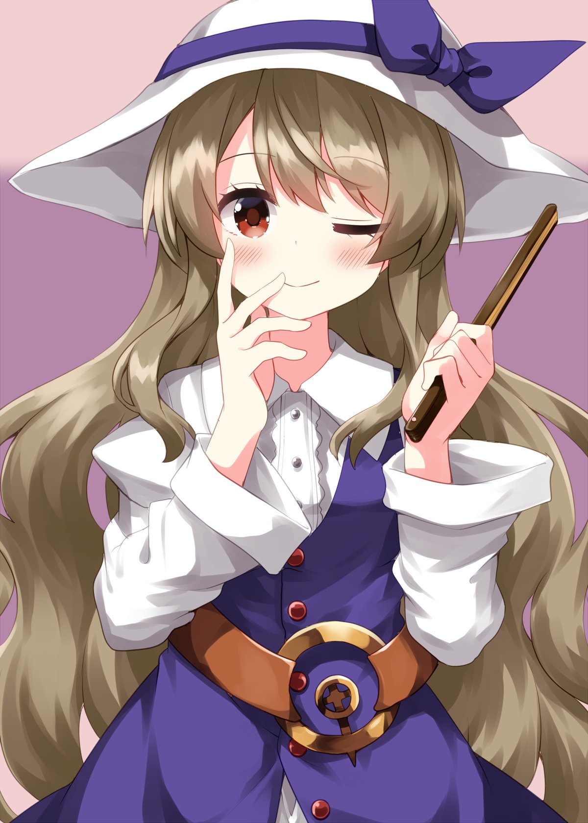 ruu (tksymkw), watatsuki no toyohime, touhou, commentary, highres, 1girl, ;), blush, bow, brown eyes, brown hair, closed mouth, collared shirt, cowboy shot, dress, hands up, hat, hat bow, holding, holding stick, long hair, long sleeves, looking at viewer, one eye closed, purple background, purple bow, purple dress, shirt, smile, solo, stick, white hat, white shirt