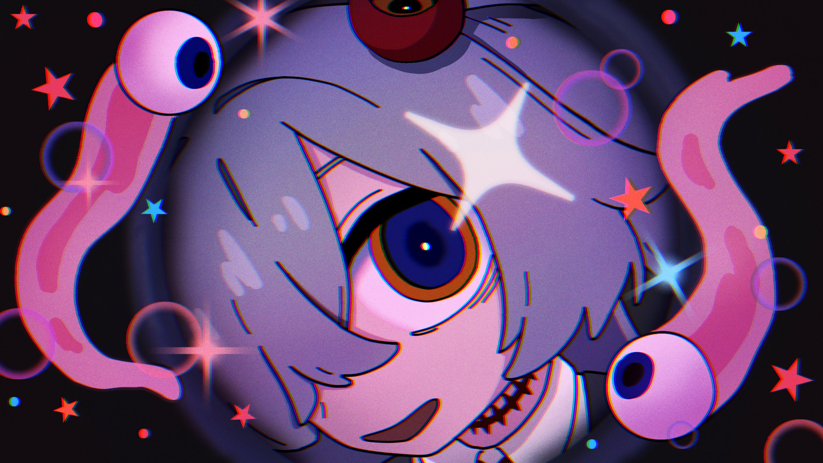 kanoe (blue archive), blue archive, monitoring (vocaloid), commentary request, highres, 1girl, 7kdkk6, bright pupils, bubble, close-up, collared shirt, diagonal-striped ribbon, eyeball, grey hair, hair over one eye, halo, long bangs, looking at viewer, messy hair, mojyo, orange eyes, parody, parted bangs, pov peephole, scar, scar on neck, shirt, short twintails, sidelocks, solo, sparkle, sphere hair ornament, star (symbol), twintails, upturned eyes, white shirt