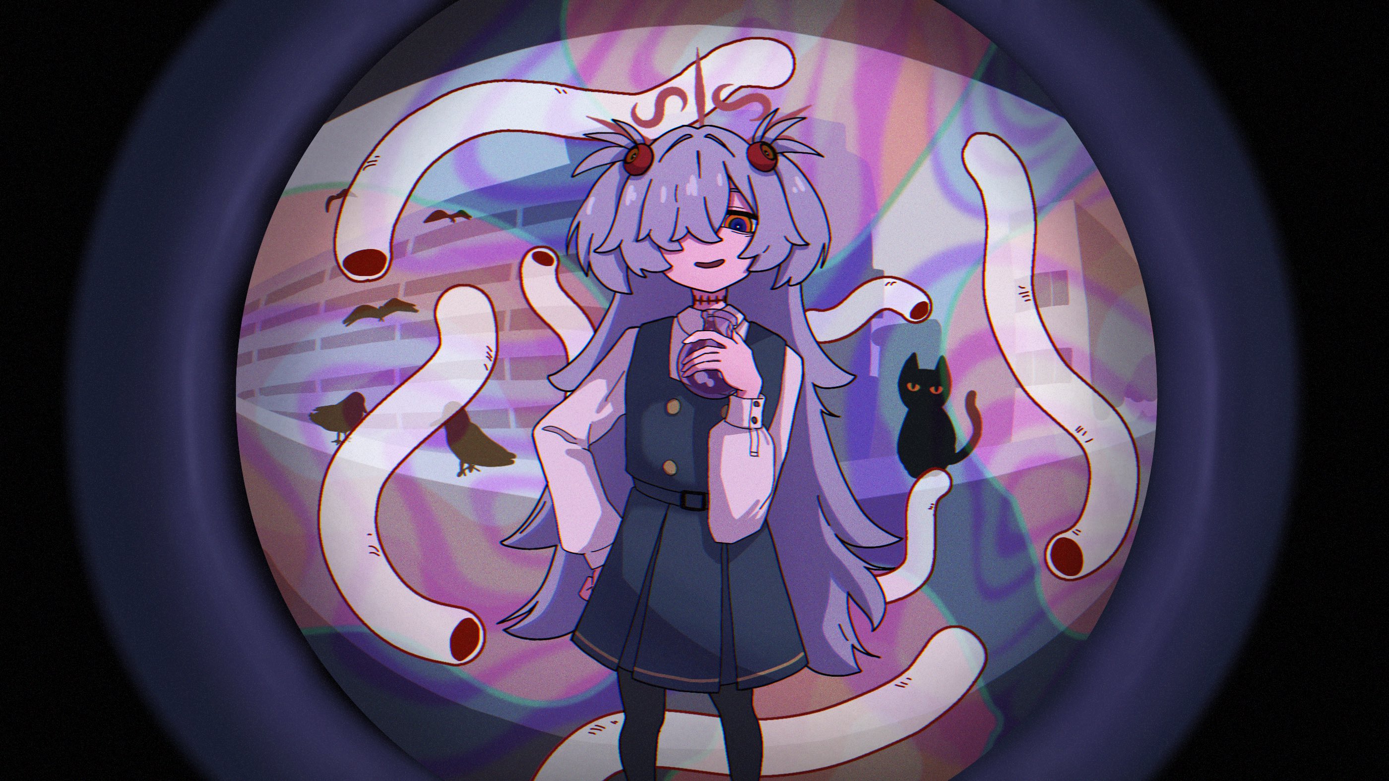 kanoe (blue archive), blue archive, highres, 1girl, 7kdkk6, black dress, black pantyhose, buttons, collared shirt, diagonal-striped ribbon, double-breasted, dress, flask, flat chest, grey hair, hair over one eye, holding, holding flask, long bangs, long hair, long sleeves, messy hair, mojyo, orange eyes, pale skin, pantyhose, parody, parted bangs, pinafore dress, puffy long sleeves, puffy sleeves, red ribbon, ribbon, round-bottom flask, scar, scar on neck, shirt, short twintails, sidelocks, sleeve cuffs, sleeveless, sleeveless dress, solo, sphere hair ornament, twintails, very long hair, white shirt