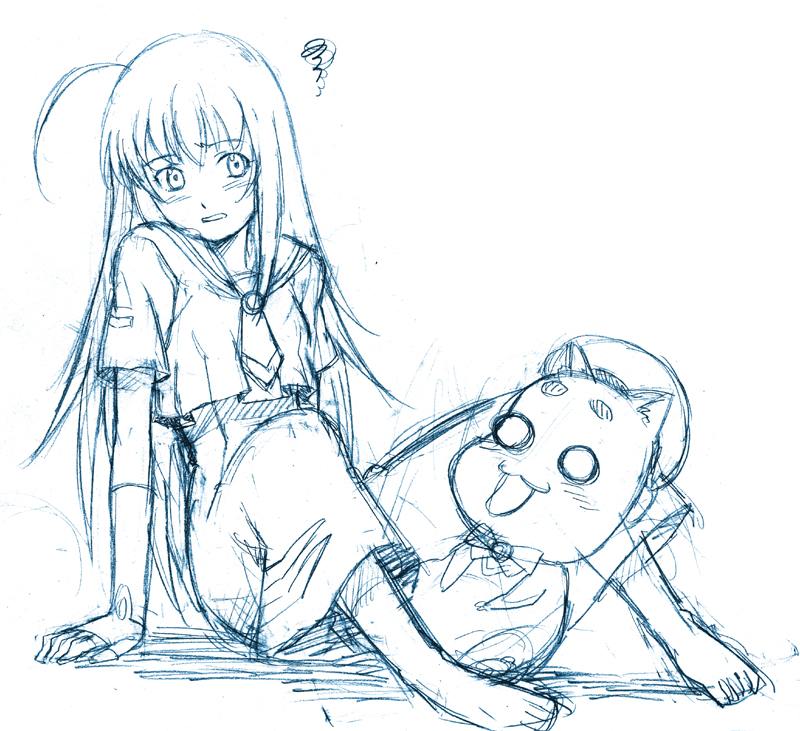 g-tetsu, alice carroll, aria pokoteng, aria (manga), 00s, 1girl, barefoot, blouse, blue theme, cat, feet, female focus, monochrome, shirt, sketch, solo, toes, white shirt