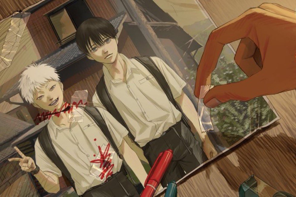 mokumokuren (mokmok len), indou hikaru, tsujinaka yoshiki, hikaru ga shinda natsu, 2boys, backpack, bag, black bag, black hair, black pants, collared shirt, hair between eyes, male focus, multiple boys, pants, pen, photo (object), shirt, short hair, tape, v, watch, white hair, white shirt, wristwatch