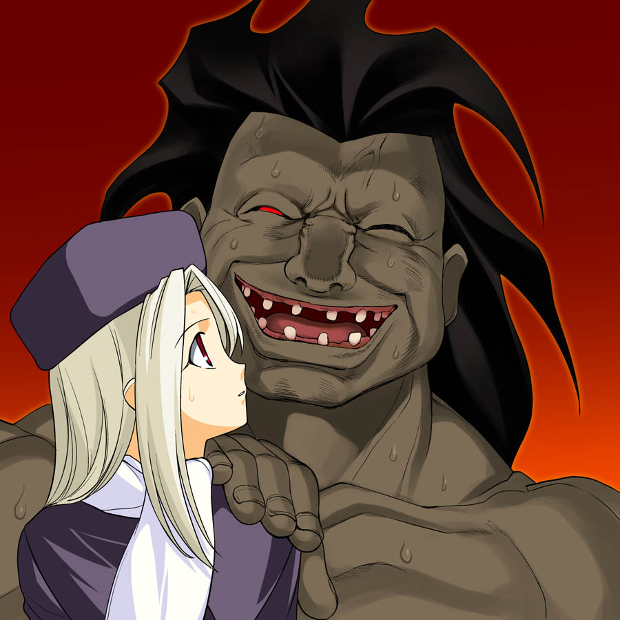 a1 (initial-g), heracles (fate), illyasviel von einzbern, fate/stay night, fate (series), shigurui, hand on shoulder, 1boy, 1girl, black hair, blonde hair, dark-skinned male, dark skin, giant, green theme, hat, long hair, looking back, one eye closed, parody, profile, purple hat, red eyes, scarf, sweat, teeth, white scarf, you gonna get raped
