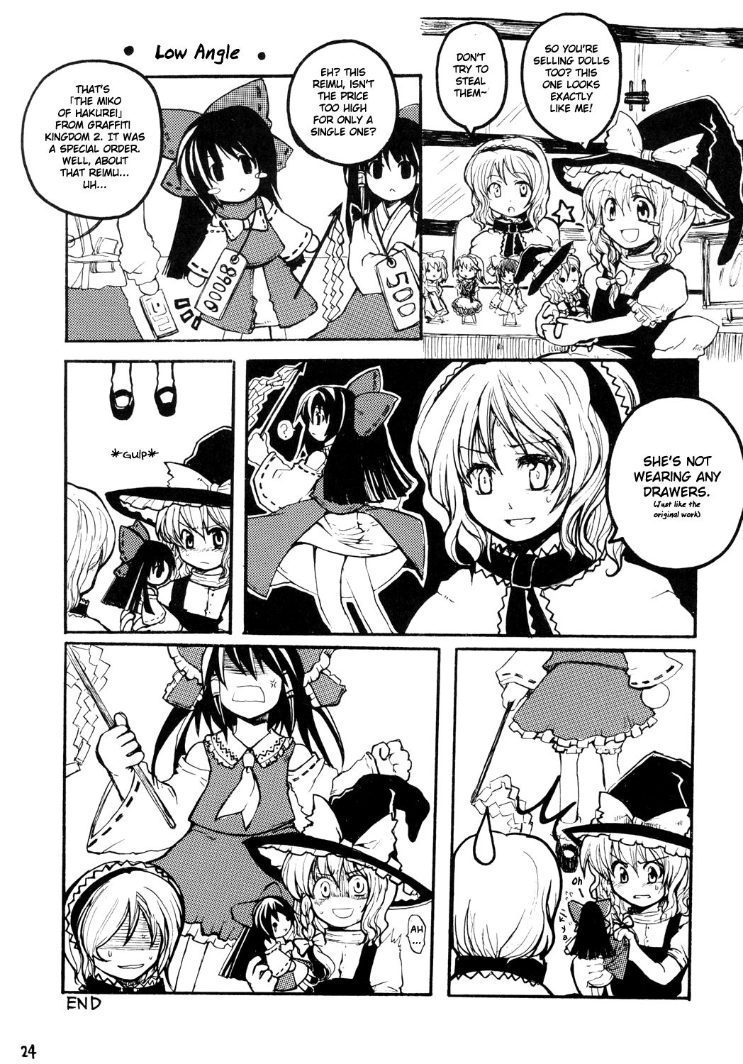 tako (plastic protein), alice margatroid, hakurei reimu, kirisame marisa, touhou, hard-translated, highres, third-party edit, translated, 3girls, anger vein, bow, comic, doll, female focus, gohei, greyscale, hairband, hat, monochrome, moonlight syndrome, multiple girls, no panties, shide, star (symbol), sweatdrop, teardrop, witch hat, you gonna get raped