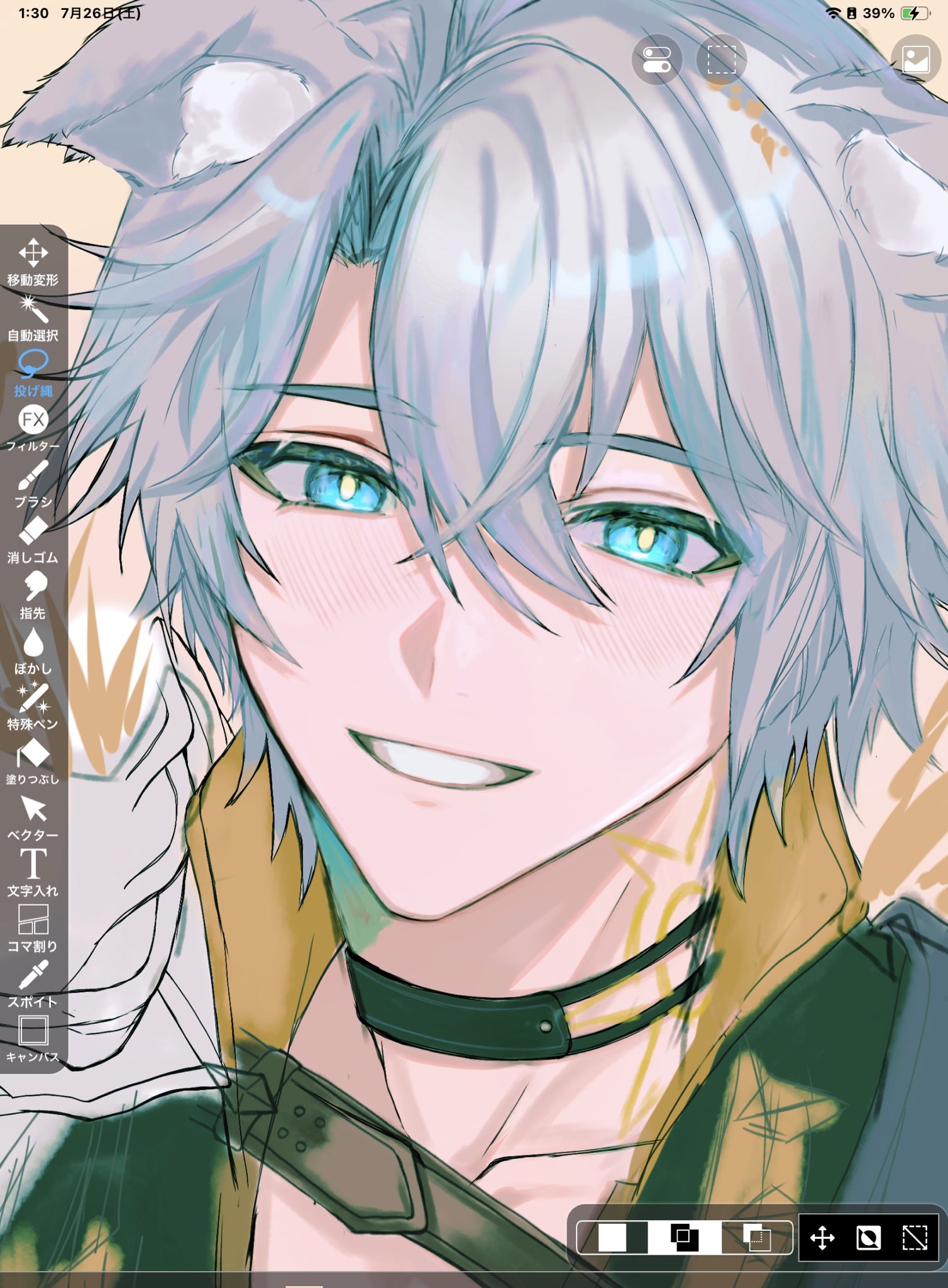 phainon (honkai: star rail), honkai: star rail, honkai (series), highres, ibispaint (medium), 1boy, animal ears, art program in frame, black choker, blue eyes, choker, close-up, dog boy, dog ears, gold tattoo, grey hair, grin, hair between eyes, ibispaint, looking at viewer, male focus, mofuchan7777, neck tattoo, parted bangs, short hair, smile, solo, tattoo, teeth, upper body, yellow pupils