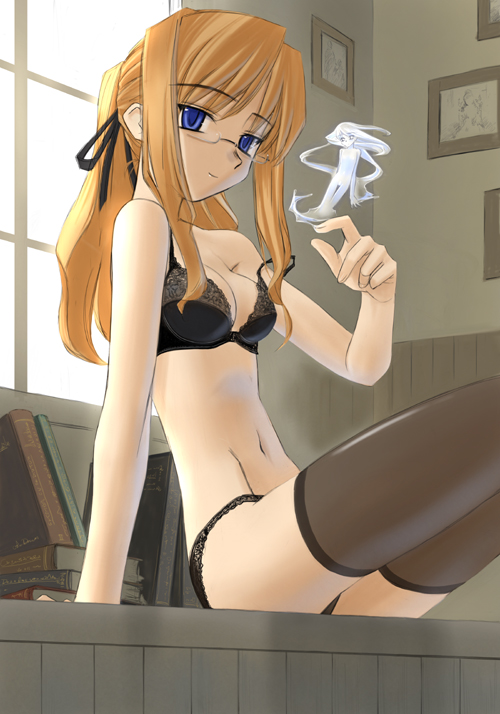 tsuina, sylph, original, 1girl, black panties, black thighhighs, blonde hair, blue eyes, bra, breasts, cleavage, elemental (creature), female focus, glasses, lingerie, long hair, navel, panties, ponytail, sitting, small breasts, solo, strap slip, thighhighs, underwear, underwear only