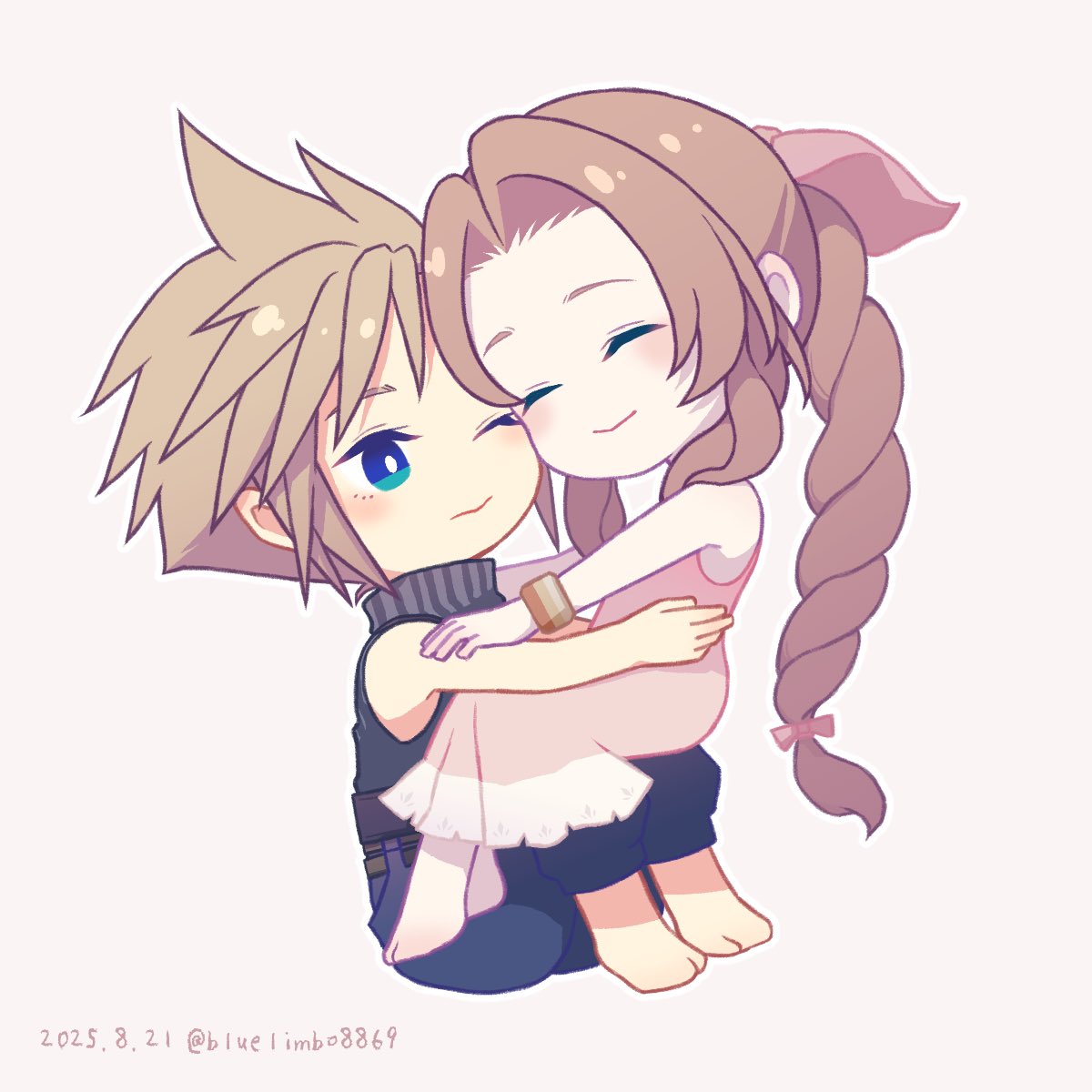 bluelimbo8888, aerith gainsborough, cloud strife, final fantasy, final fantasy vii, final fantasy vii rebirth, final fantasy vii remake, highres, 1boy, 1girl, aqua eyes, baggy pants, bangle, bare shoulders, barefoot, belt, blonde hair, blue pants, bracelet, braid, braided ponytail, brown belt, brown hair, cheek-to-cheek, chibi, chibi only, closed eyes, couple, dated, dress, full body, hair ribbon, heads together, hetero, jewelry, multiple belts, one eye closed, pants, parted bangs, pink dress, pink ribbon, ribbon, short hair, sidelocks, single braid, sitting, sleeveless, sleeveless dress, sleeveless turtleneck, smile, spiked hair, turtleneck, twitter username, white background