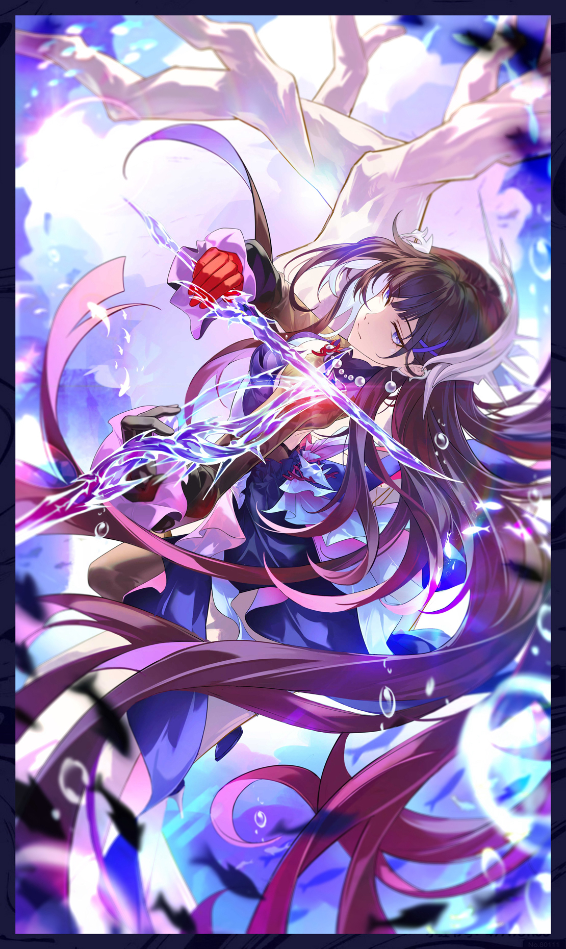 hysilens (honkai: star rail), honkai: star rail, honkai (series), highres, 1girl, 66 da shun l, air bubble, black hair, bubble, closed mouth, colored inner hair, dress, earrings, gloves, greyscale, hair ornament, holding, holding sword, holding weapon, jewelry, long hair, looking at viewer, monochrome, multicolored hair, pearl earrings, purple eyes, purple hair, solo, sword, very long hair, weapon, white hair, x hair ornament