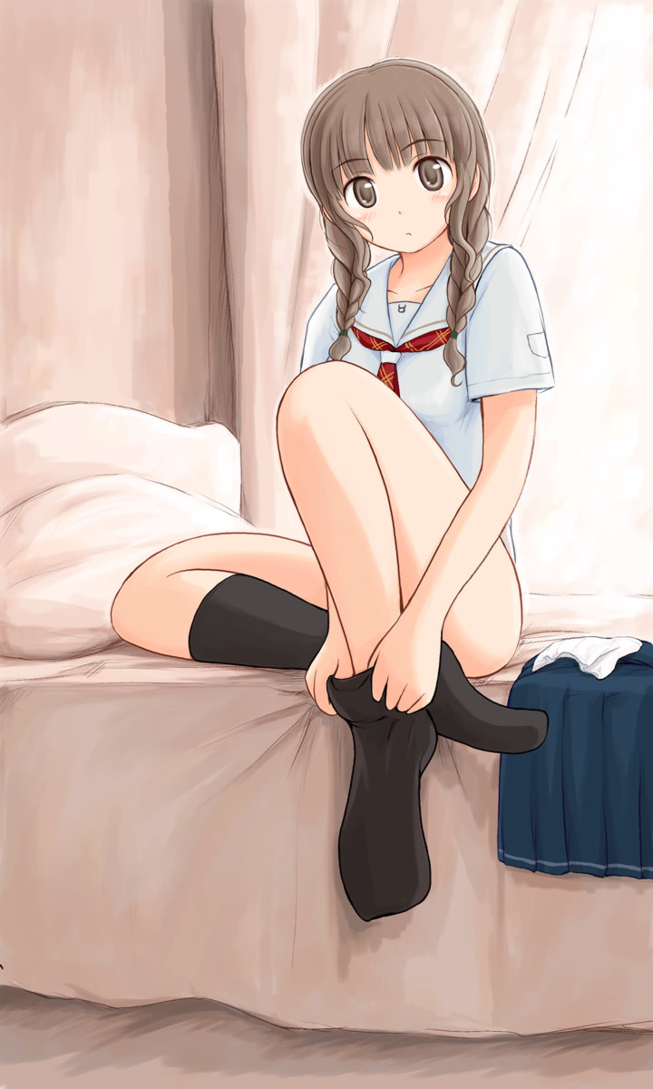 ryp, mizusawa mao, kimi kiss, highres, 1girl, bed, braid, brown eyes, brown hair, female focus, hair over shoulder, pleated skirt, school uniform, serafuku, skirt, socks, solo, twin braids, twintails, undressing