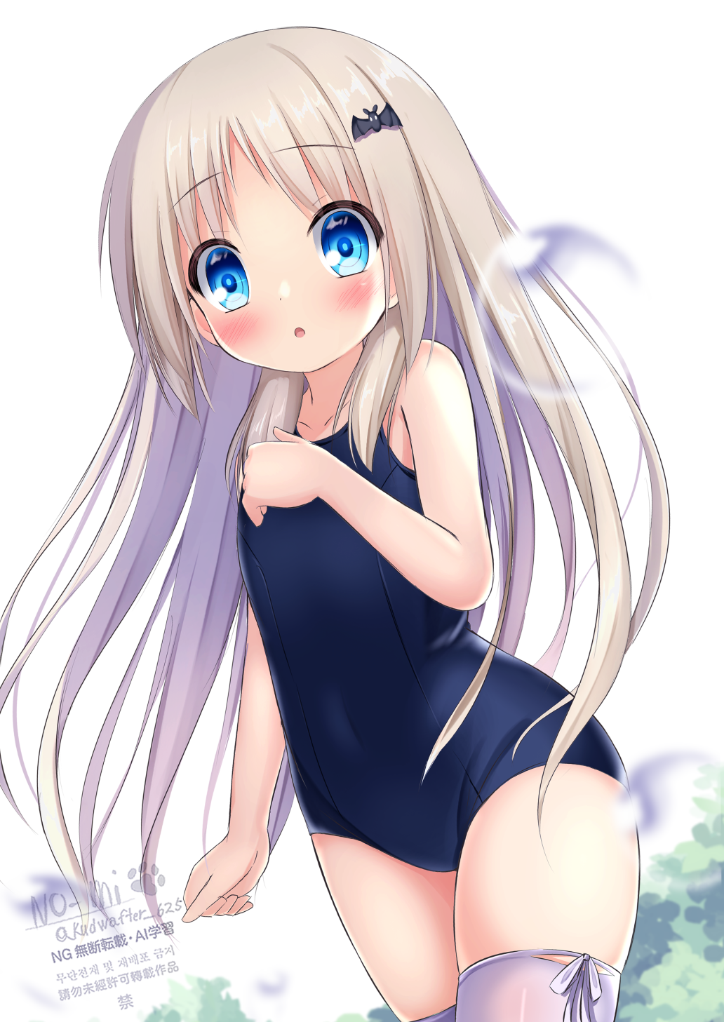 kudpoid (71139), noumi kudryavka, little busters!, highres, 1girl, air bubble, bat hair ornament, blue eyes, blue one-piece swimsuit, bubble, competition school swimsuit, flat chest, grey hair, hair ornament, long hair, looking at viewer, one-piece swimsuit, school swimsuit, simple background, solo, swimsuit, thighhighs, watermark, white background, white thighhighs