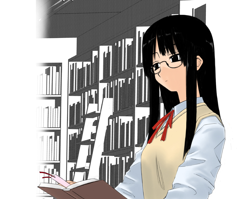 tsuina, original, 1girl, book, bookmark, bookshelf, female focus, glasses, holding bookmark, ladder, open book, reading, school uniform, serafuku, solo, sweater, sweater vest, vest