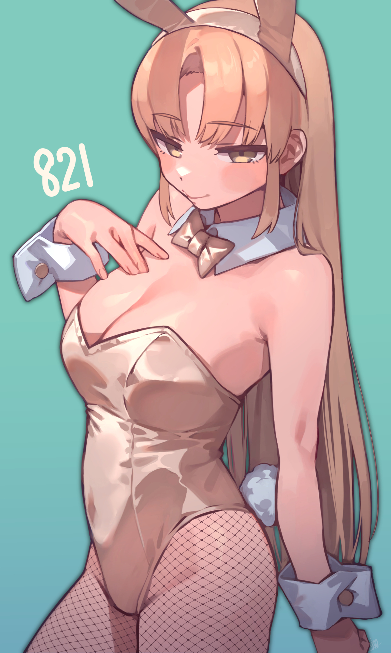 ubo (ubo tales), sister claire, nijisanji, highres, 1girl, alternate costume, animal ear hairband, animal ears, aqua background, bikini, blonde hair, blush, breasts, bunny day, cleavage, closed mouth, detached collar, fake animal ears, fake tail, fingernails, fishnet pantyhose, fishnets, gold bikini, gold bowtie, hairband, large breasts, leotard, long hair, looking at viewer, pantyhose, playboy bunny, rabbit ear hairband, rabbit ears, rabbit tail, simple background, smile, solo, swimsuit, tail, white wrist cuffs, wrist cuffs, yellow eyes