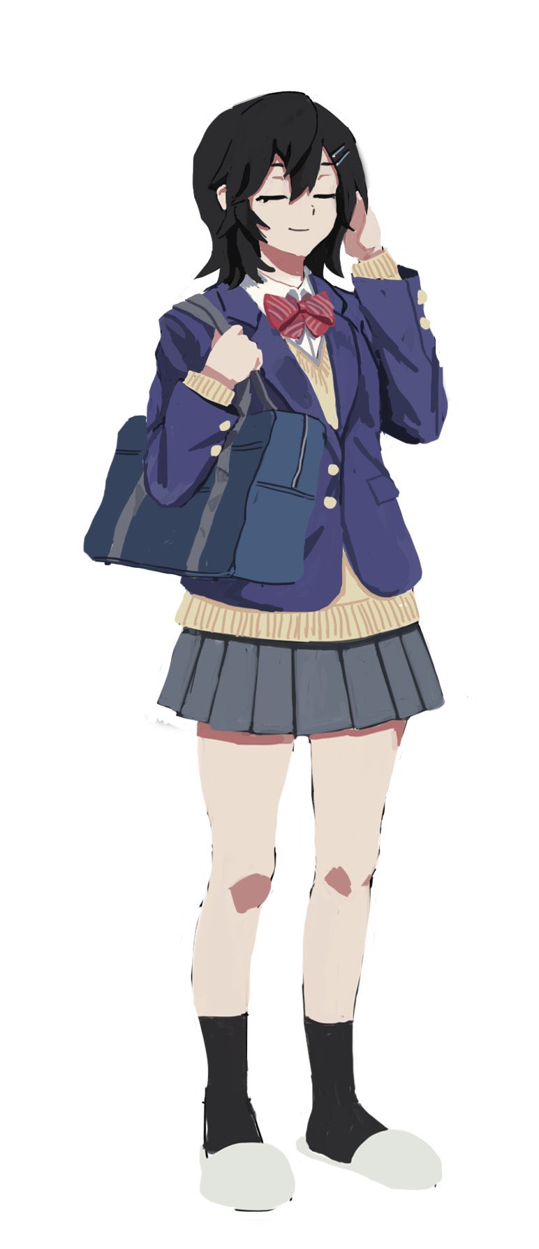 fumeshi, original, highres, 1girl, bag, black hair, black socks, blazer, blue jacket, bow, bowtie, closed eyes, closed mouth, collared shirt, cuff links, double-parted bangs, full body, grey skirt, hair between eyes, hair ornament, hairclip, hand on own ear, jacket, long sleeves, medium hair, miniskirt, pleated skirt, red bow, red bowtie, school bag, school uniform, shirt, simple background, skirt, slippers, smile, socks, solo, standing, striped bow, striped bowtie, striped clothes, sweater, white background, white shirt, white slippers, winter uniform, yellow sweater