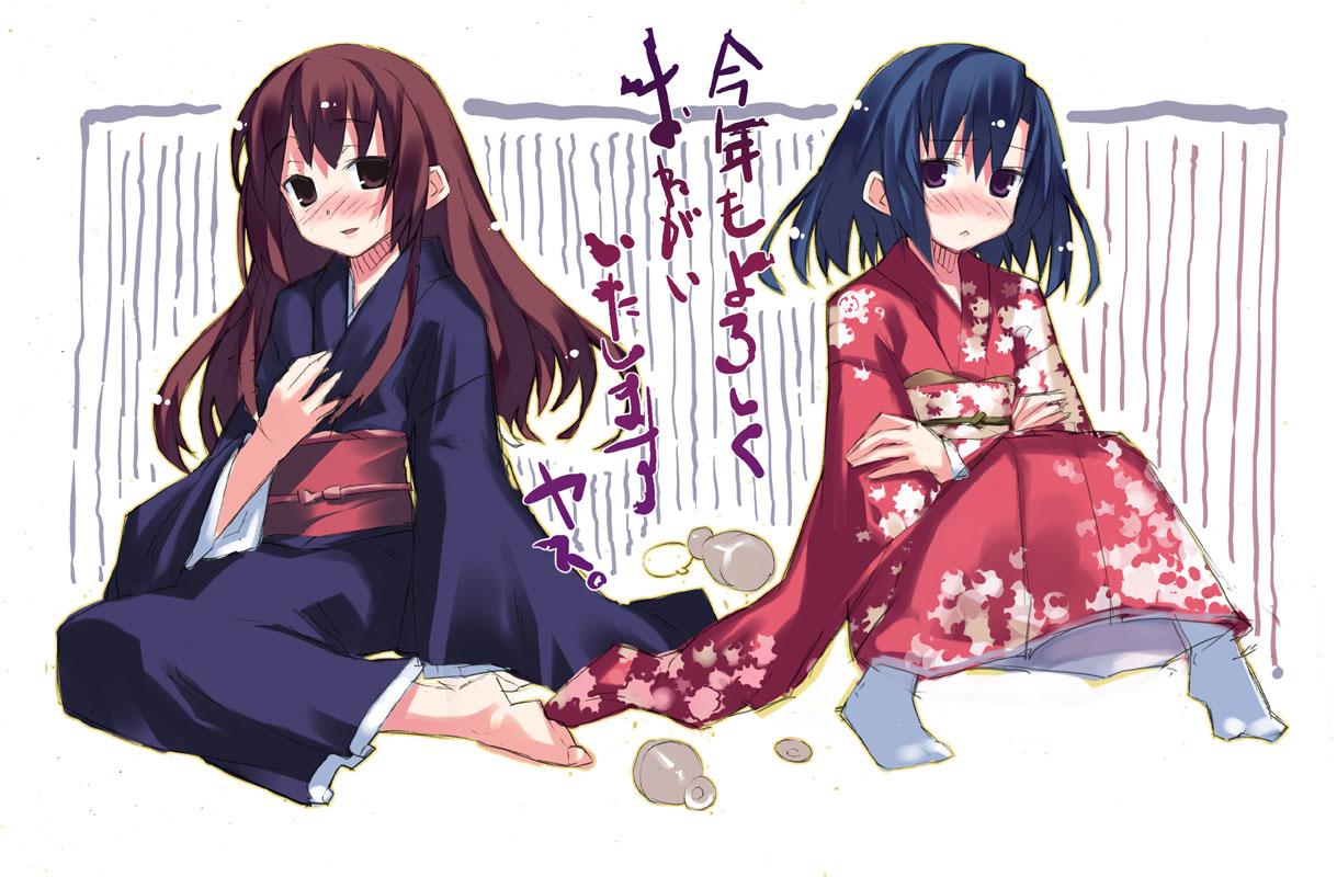 yasu, matsuzawa komaki, souma hiroka, original, watashi-tachi no tamura-kun, 2girls, :o, alcohol, barefoot, blue hair, blush, breasts, brown eyes, brown hair, crossed arms, cup, drunk, flat chest, full body, hand on own chest, japanese clothes, kimono, knees together feet apart, long hair, long sleeves, looking at viewer, multiple girls, nose blush, obi, open mouth, outline, parted bangs, purple eyes, sakazuki, sake, sash, short hair, sidelocks, sitting, sketch, small breasts, socks, spill, triangle mouth, wide sleeves