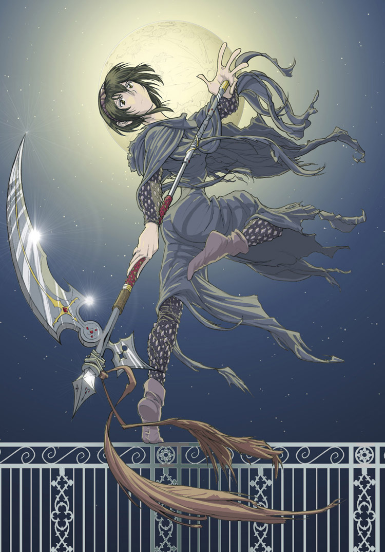 lilith, original, 1girl, bad anatomy, female focus, full moon, glint, looking at viewer, moon, night, outdoors, scythe, short hair, sky, solo, star (sky), starry sky
