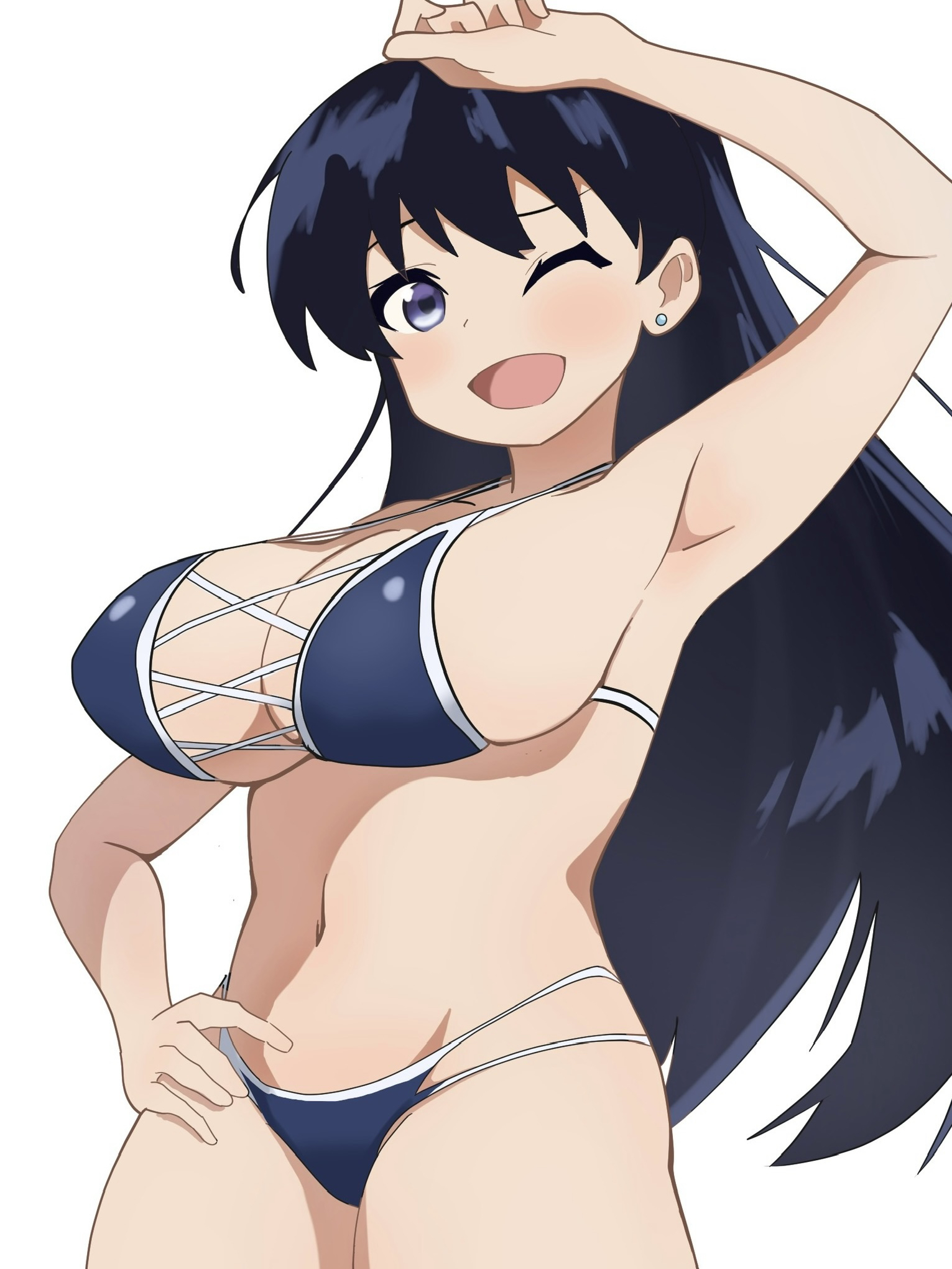 arato nagi, ruri no houseki, highres, 1girl, bikini, black hair, blue bikini, breasts, criss-cross straps, hand on own hip, large breasts, long hair, multi-strapped bikini bottom, navel, one eye closed, open mouth, purple eyes, shishiza, simple background, smile, solo, string bikini, swimsuit, white background