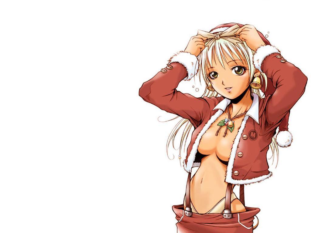 nina, artist request, character request, 1girl, bell, bell earrings, breasts, christmas, earrings, female focus, green eyes, hair ribbon, hat, jewelry, large breasts, long hair, looking at viewer, midriff, necklace, no bra, open clothes, open shirt, panties, ribbon, santa costume, santa hat, shirt, simple background, smile, solo, suspenders, underwear, white background, white hair, white panties