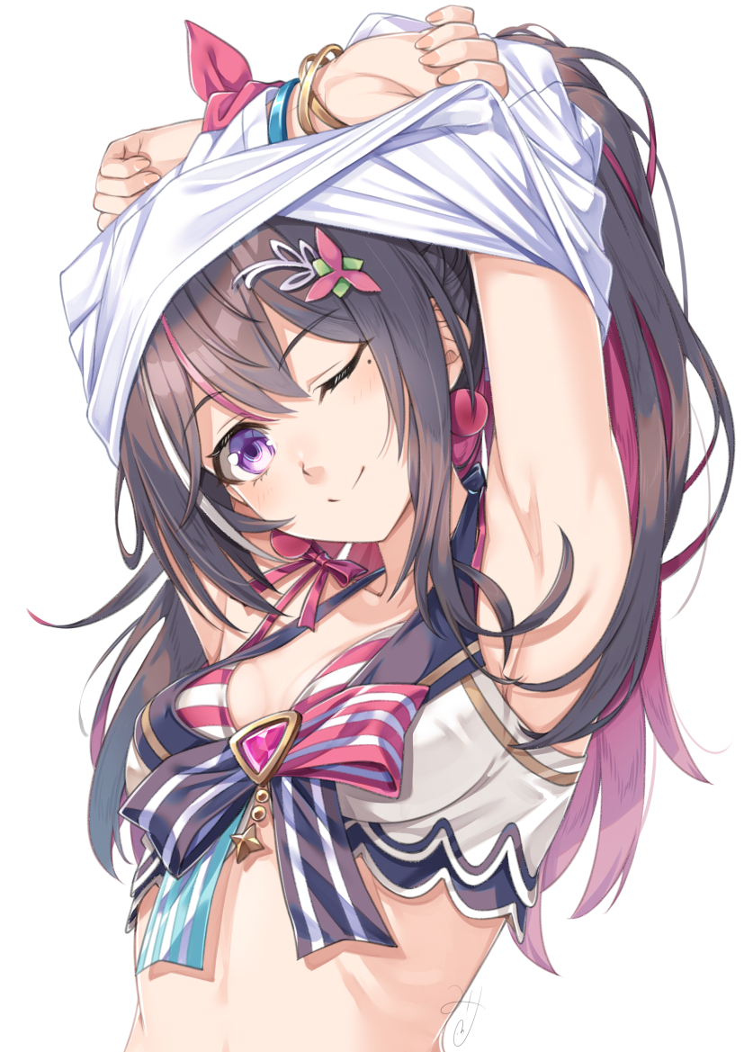 miri (ago550421), azki (hololive), hololive, commentary request, 1girl, ;), armpits, arms up, asymmetrical sidelocks, bikini, black hair, bracelet, breasts, cleavage, colored inner hair, double-parted bangs, front-tie bikini top, front-tie top, hair between eyes, hair ornament, hairclip, hololive summer 2023 swimsuit, jewelry, layered bikini, long hair, looking at viewer, medium breasts, mole, mole under eye, multicolored hair, official alternate costume, one eye closed, pink hair, purple eyes, shirt, sidelocks, simple background, smile, solo, streaked hair, striped bikini, striped clothes, swimsuit, undressing, upper body, virtual youtuber, white background, white hair, white shirt