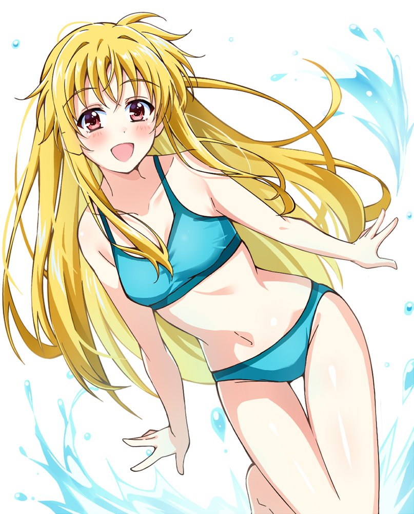 yorousa (yoroiusagi), fate testarossa, lyrical nanoha, mahou shoujo lyrical nanoha exceeds: gun blaze vengeance, 1girl, bikini, blonde hair, blue bikini, breasts, feet out of frame, long hair, medium breasts, red eyes, solo, swimsuit