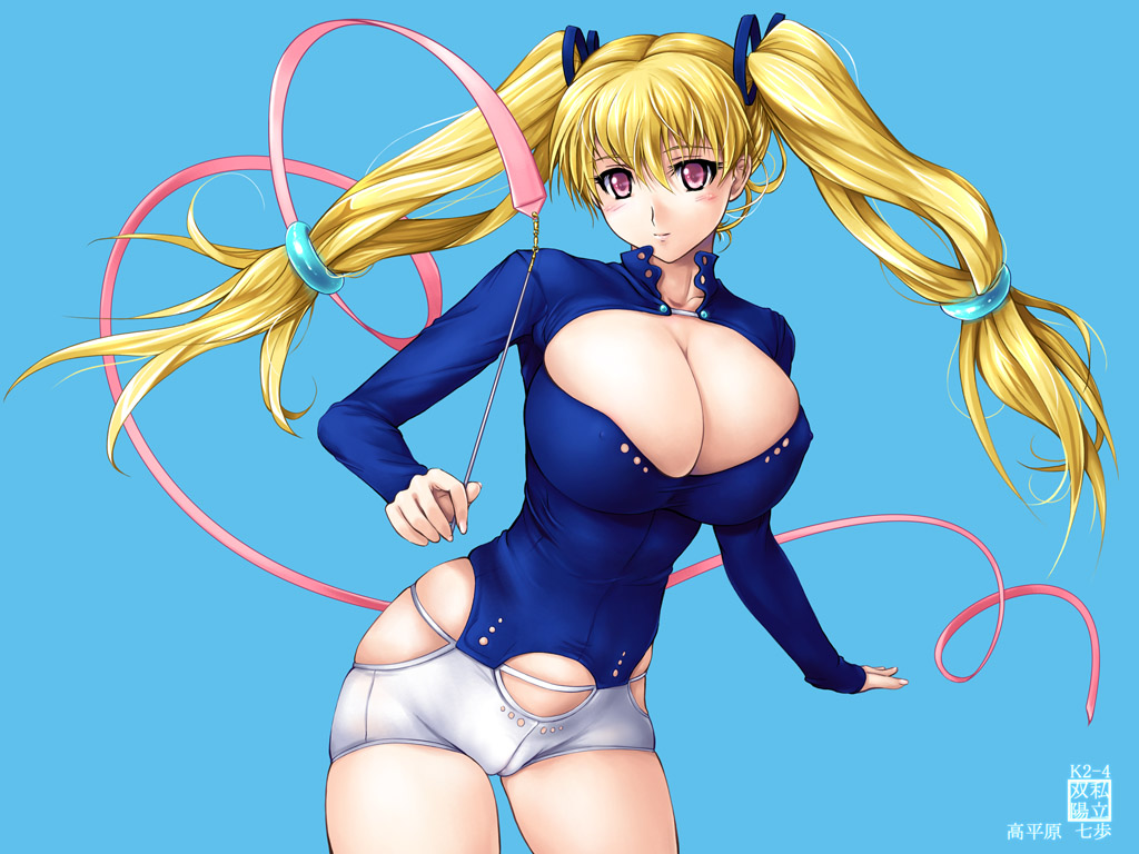 zundarepon, cohagen nanaho, akai ibara, 00s, 1girl, blonde hair, blush, breasts, cameltoe, cleavage, cleavage cutout, clothing cutout, covered erect nipples, female focus, gymnastics, hair ornament, hair ribbon, huge breasts, large breasts, long hair, low-tied long hair, pink eyes, rhythmic gymnastics, ribbon, ribbon baton, skin tight, smile, solo, spandex, turtleneck, twintails