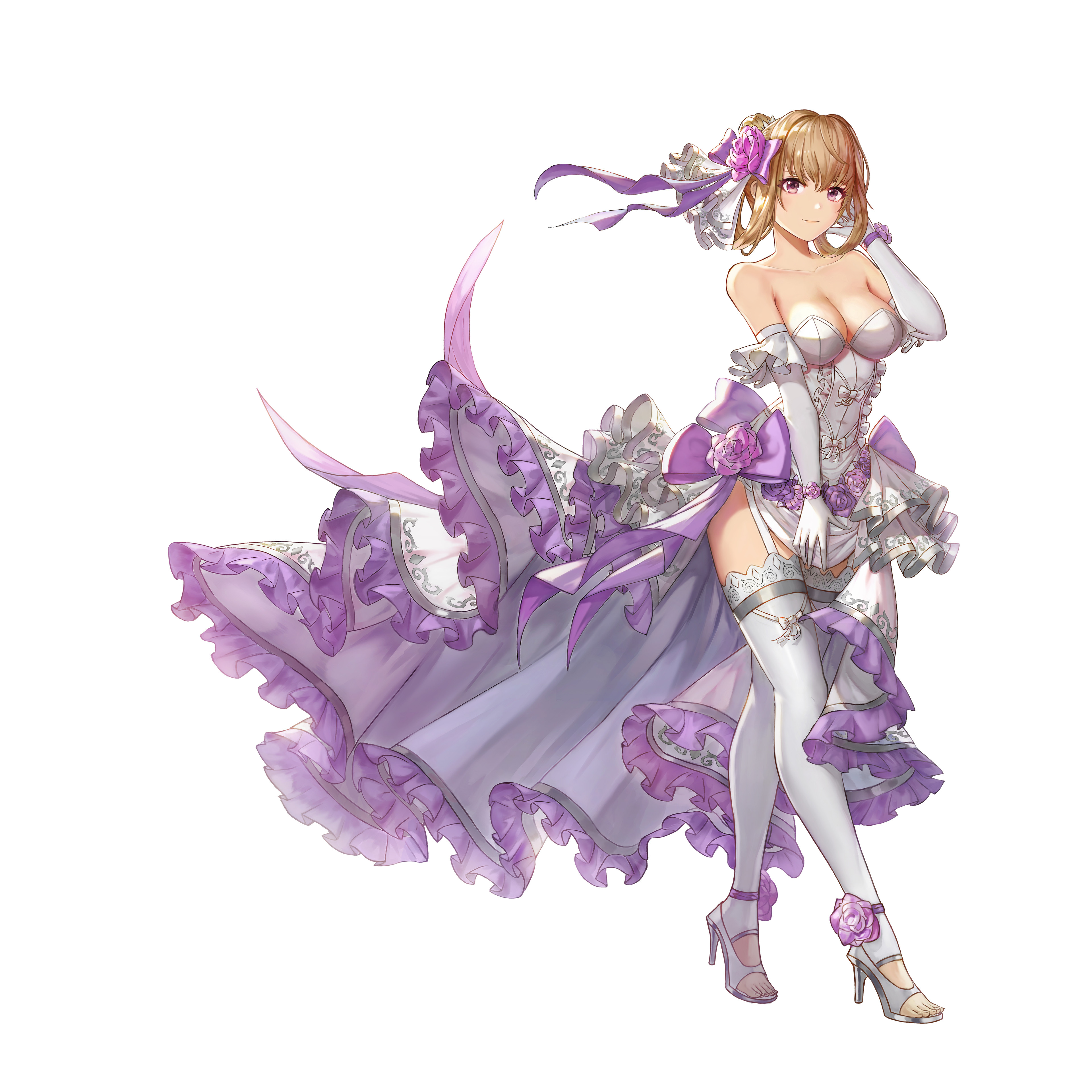 deepmaru, priscilla (king's raid), king's raid, absurdres, commentary, english commentary, highres, official art, 1girl, arm up, blonde hair, breasts, bridal veil, bride, cleavage, corsage, dress, dress flower, dress ribbon, elbow gloves, floating clothes, flower, folded hair, frilled dress, frills, full body, garter straps, gloves, hair bun, hair flower, hair ornament, hair ribbon, high heels, large ribbon, light smile, medium breasts, official alternate costume, open-toe shoes, pink eyes, pink flower, purple flower, purple ribbon, purple trim, ribbon, shoes, showgirl skirt, single hair bun, solo, thighhighs, veil, wedding dress, white gloves, white ribbon, white shoes, white thighhighs, wrist flower