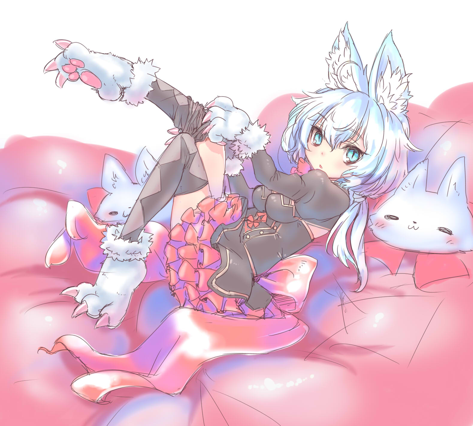 ajitarou (setsu), emil chronicle online, highres, 1girl, animal ears, animal hands, black dress, blue eyes, bow, breasts, cerberus (eco), cleavage cutout, clothing cutout, dog ears, dress, dressing, frilled dress, frills, gloves, hair bow, large breasts, low ponytail, on bed, paw gloves, paw shoes, ponytail, red dress, two-tone dress, white hair