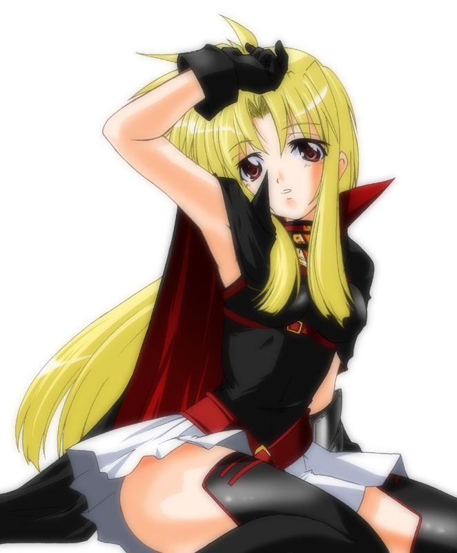 45acp, fate testarossa, fate testarossa (lightning form), lyrical nanoha, mahou shoujo lyrical nanoha, mahou shoujo lyrical nanoha a's, 00s, 1girl, arm up, armpits, belt, belt skirt, black cape, blonde hair, cape, female focus, gloves, hair down, long hair, miniskirt, pleated skirt, red eyes, sitting, skirt, solo, thighhighs, white skirt