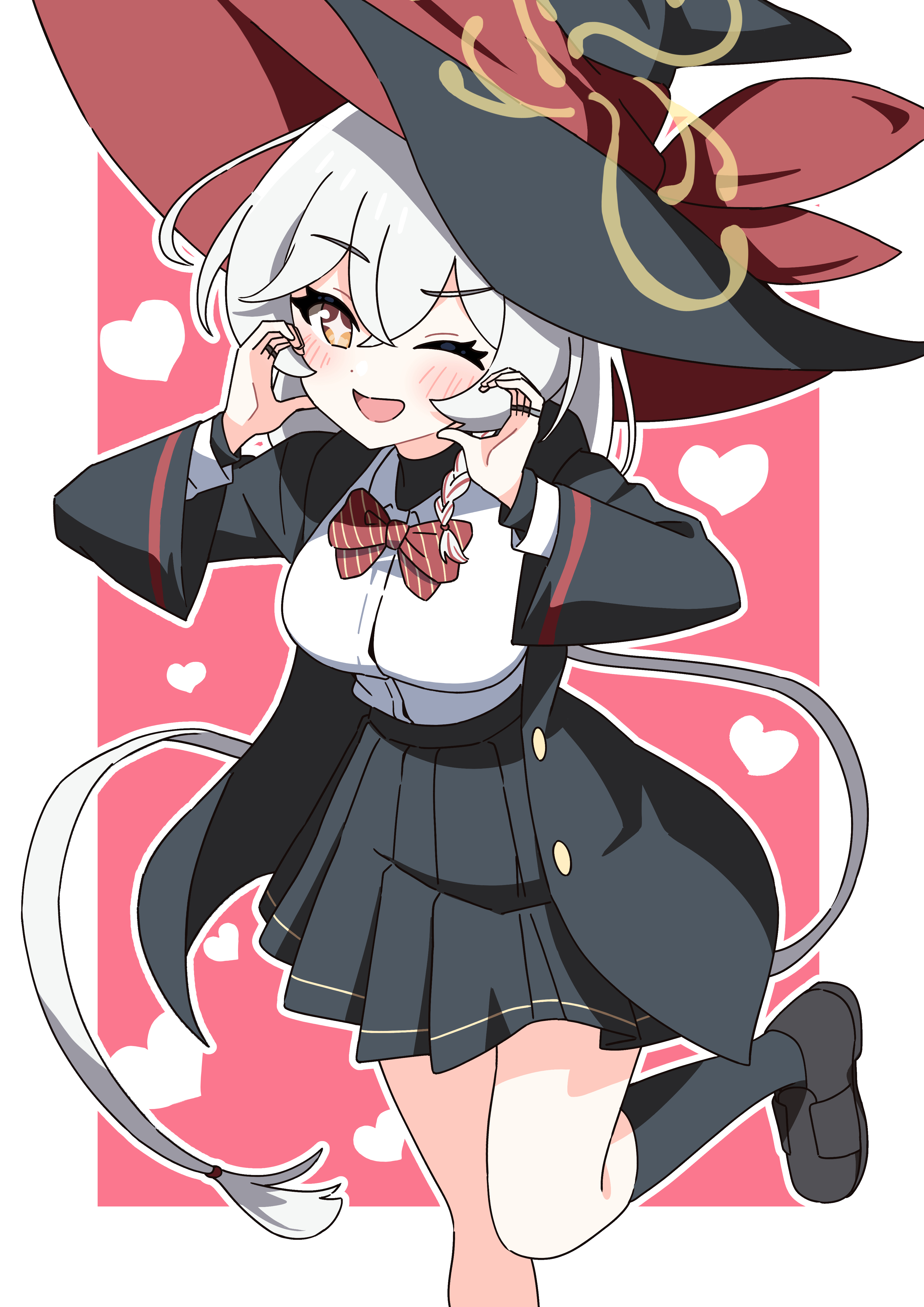 eri (blue archive), blue archive, ankle socks, bow, bowtie, braid, halo, hat, jacket, long coat, long hair, one eye closed, one leg raised, orange eyes, panties, shirt, shoes, skirt, socks, sweater, underwear, white hair, wink, witch hat