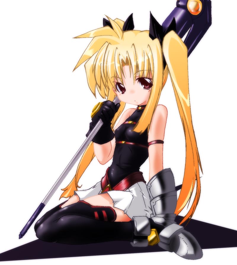 45acp, bardiche (assault form) (nanoha), bardiche (nanoha), fate testarossa, fate testarossa (lightning form), lyrical nanoha, mahou shoujo lyrical nanoha, mahou shoujo lyrical nanoha a's, 00s, 1girl, arm garter, armor, blonde hair, boots, expressionless, female focus, full body, gauntlets, hair ribbon, long hair, looking at viewer, miniskirt, polearm, red eyes, ribbon, seiza, simple background, sitting, skirt, sleeveless, solo, thighhighs, twintails, very long hair, weapon, zettai ryouiki