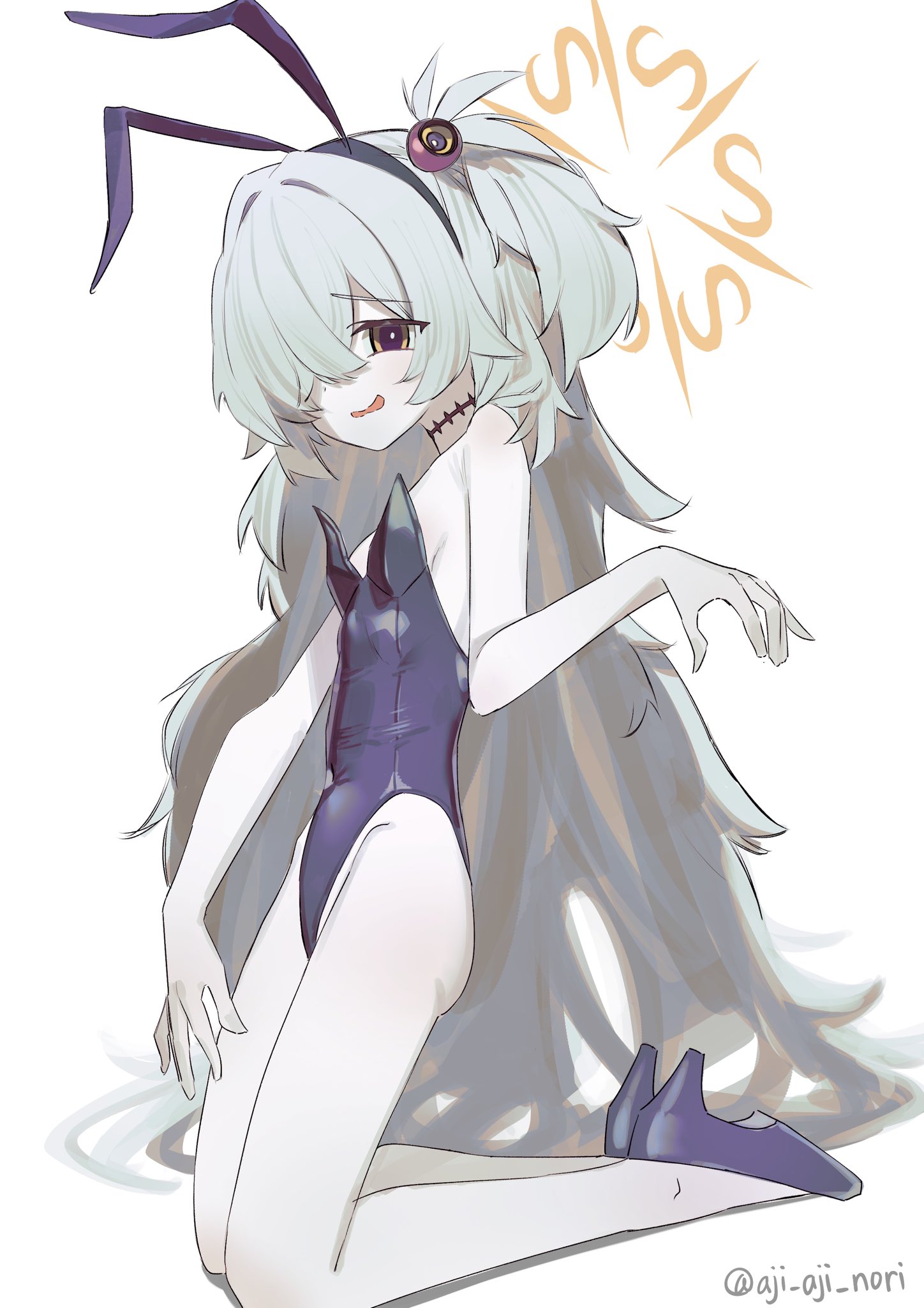 aji aji nori, kanoe (blue archive), blue archive, commentary request, highres, 1girl, alternate costume, animal ear hairband, animal ears, artist name, black leotard, bunny day, fake animal ears, flat chest, from side, furrowed brow, grey hair, groin, hair over one eye, hairband, halo, hand up, high heels, kneeling, leotard, long bangs, long hair, looking at viewer, messy hair, mojyo, nervous smile, orange eyes, orange halo, pale skin, parted bangs, playboy bunny, rabbit ear hairband, rabbit ears, scar, scar on neck, short twintails, sidelocks, simple background, smile, solo, sphere hair ornament, strapless, strapless leotard, twintails, very long hair, white background
