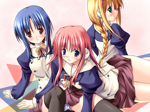 matsuzaki tokiko, ilfa (to heart), milfa (to heart), silfa (to heart), to heart (series), to heart 2, to heart 2 ad, 00s, 3girls, blonde hair, braid, multiple girls, robot ears, school uniform, single braid