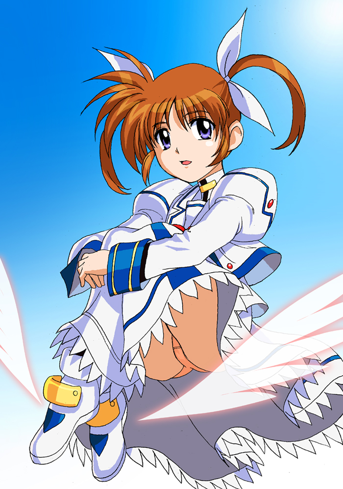 g-tetsu, takamachi nanoha, takamachi nanoha (sacred mode), lyrical nanoha, mahou shoujo lyrical nanoha, winged footwear, 00s, 1girl, blue eyes, blush, boots, brown hair, dress, female focus, flying, from below, hair ribbon, magical girl, orange panties, panties, pantyshot, purple eyes, ribbon, shoes, short twintails, sitting, solo, twintails, underwear, upskirt, white dress, wings